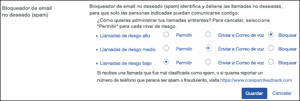 imagen del menú de configuración de email no deseado (Spam)