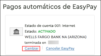 Imagen de la sección Opciones de pago en Cox.com seleccionando el enlace Cambiar método de pago de EasyPay